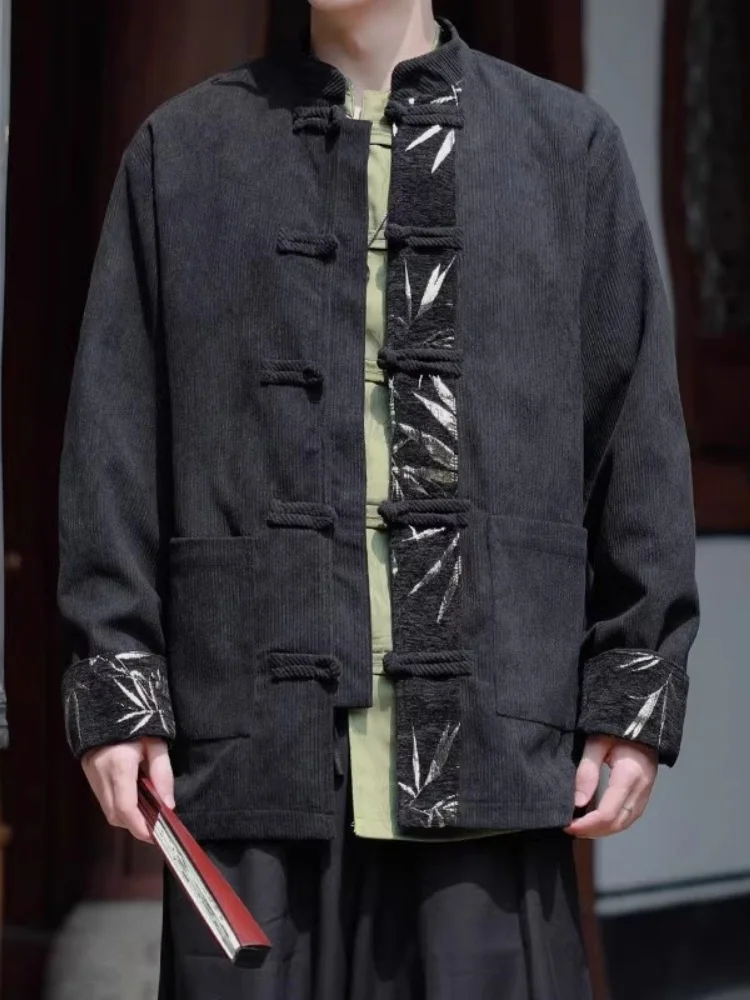 

Corduroy Jaet Men's Spring New Sle Retro Splicing Tang Costume New Chinese Sle Button up Top Improved Hanfu Breathable
