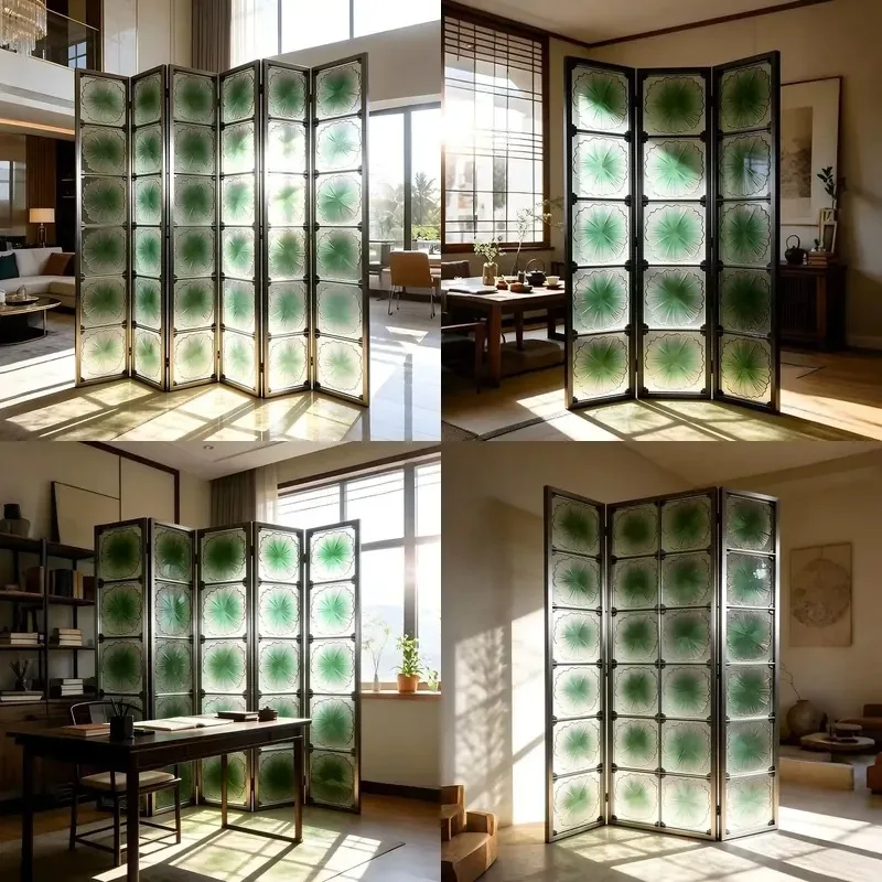 Modern Luxury Folding Room Partition Screen Gold Metal Frame Sun Pattern Green Glass Panel Decorative Divider for Hotel Villa