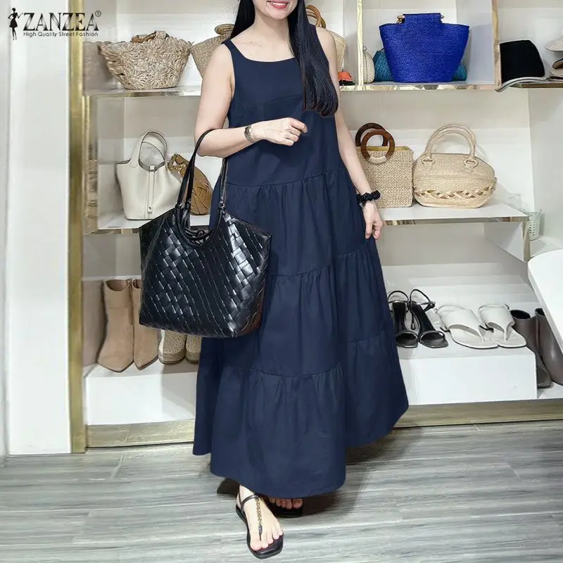 

Модное летнее платье ZANZEA 2026 без рукавов для женщин: стильное, элегантное, однотонное, с оборками, для отпуска и работы, фасон А-силуэт