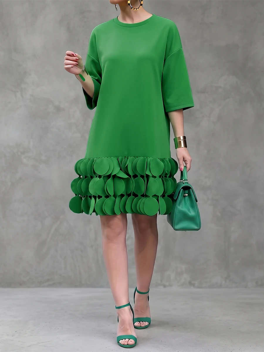 Missuoo Women Green 3D Circle Petal Hem Shift Dress Round Neck Elbow Sleeve Loose Fit Casual Party Streetwear Mini Dresses