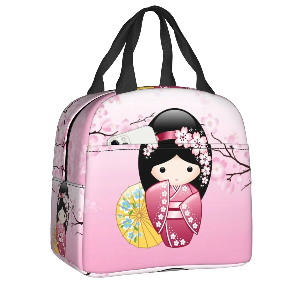 Custom Kawaii Kokeshi Doll Lunch Bag Women Warm Cooler Insulated Lunch Container Box for Kids School Work Picnic Food Tote Bags