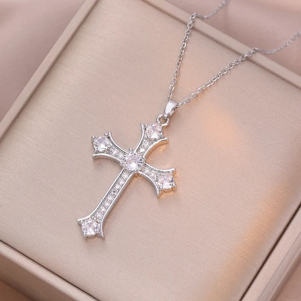 Hip Hop Zircon Cross Pendant Necklaces for Women Men Fashion Stainless Steel Chain Cool Cross Jewelry Accessories Gift for Lover