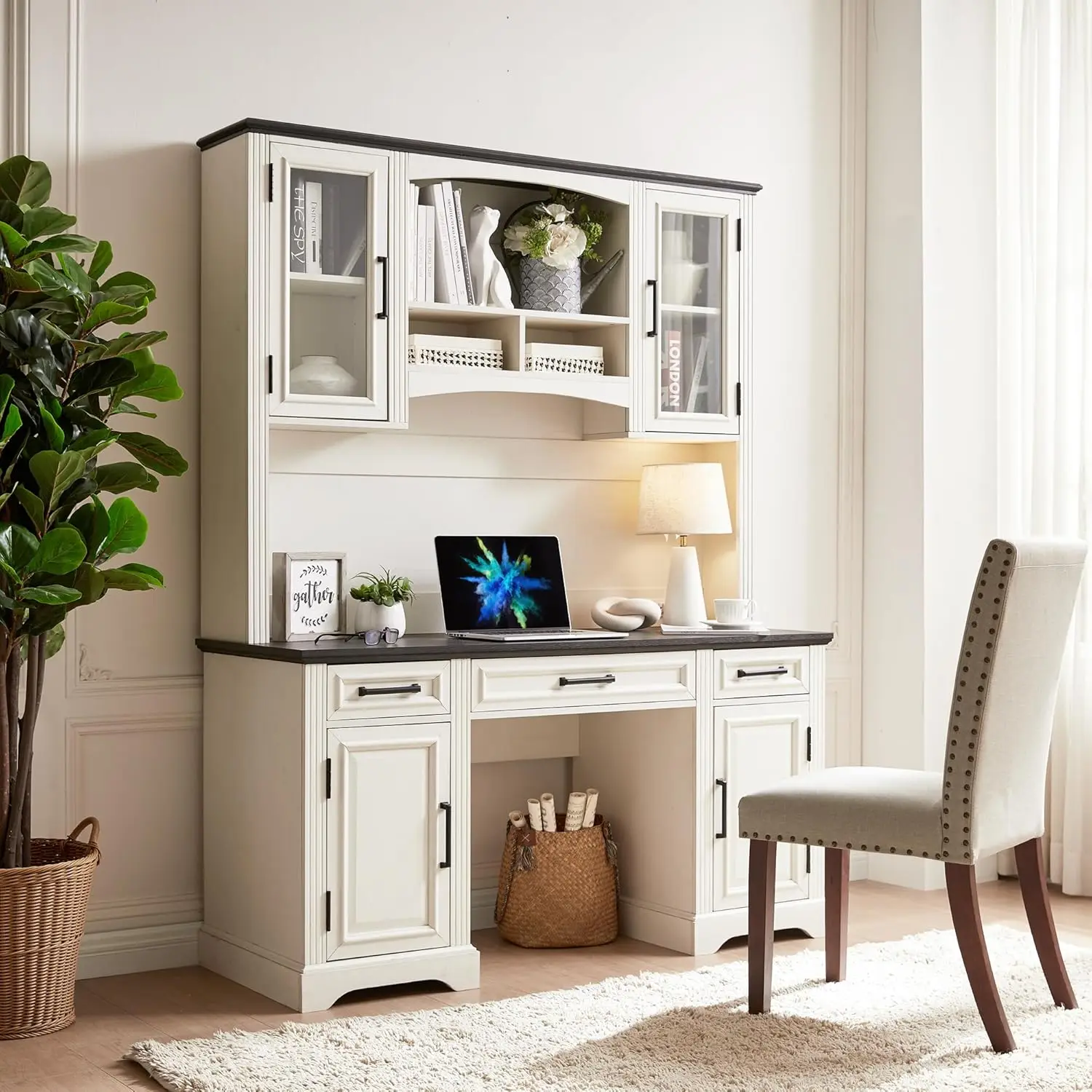 

Farmhouse 76" Height Computer Desk with Hutch Office Desk with Charging Station Drawers and Storage Cabinet Workstation