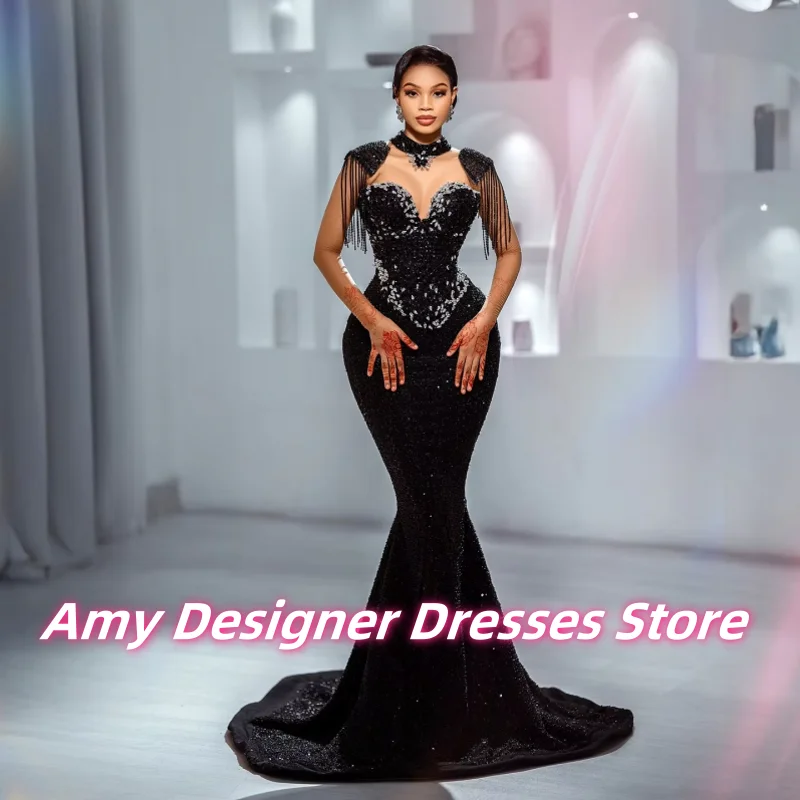 

Fantastic Black Formal Evening Dresses with Heavy Beads African Birthday Shoot Dress Asoebi Wedding Guest Dress Women Customized