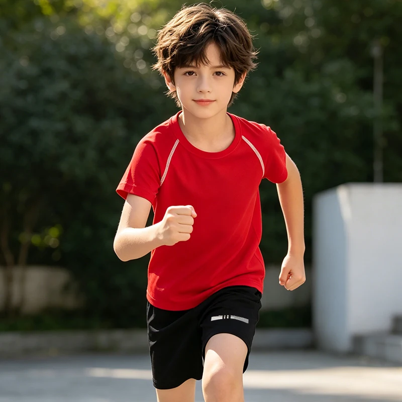 

2-piece children's summer mesh quick drying sports set, boys' casual running round neck short sleeved black versatile shorts