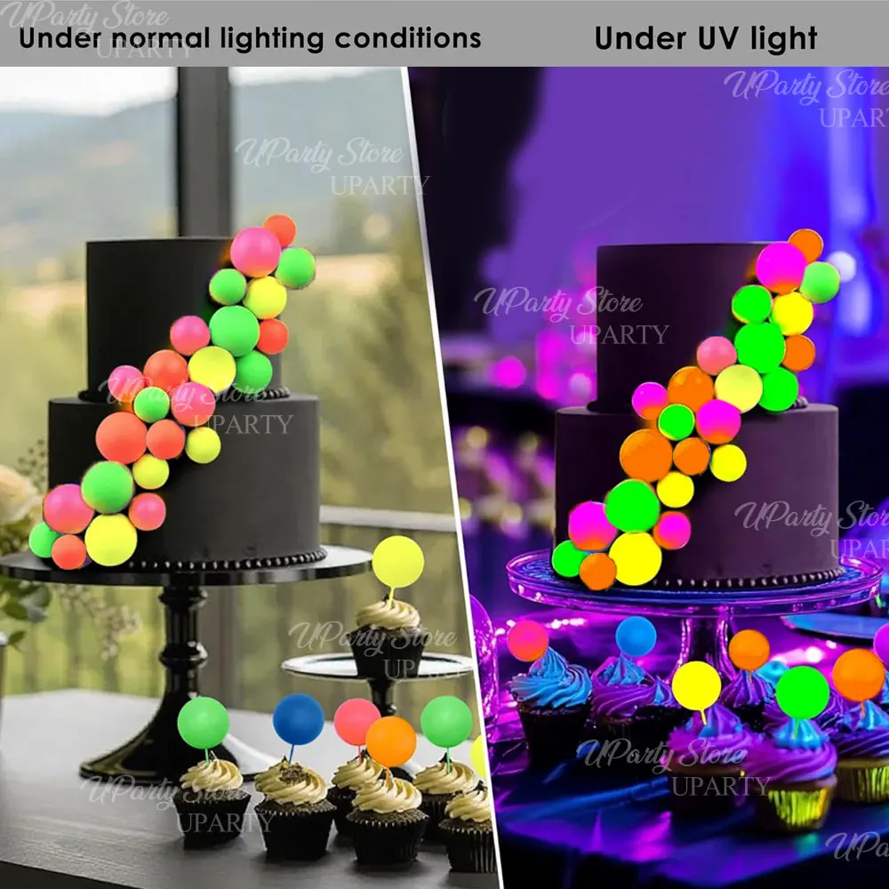 20/24 Stück Neon-Kuchendekoration UV-Reaktive Leuchtkugeln Kuchendekoration für Geburtstag Disco Leuchtende Neon-Themenparty Kuchendekoration – Detail 3