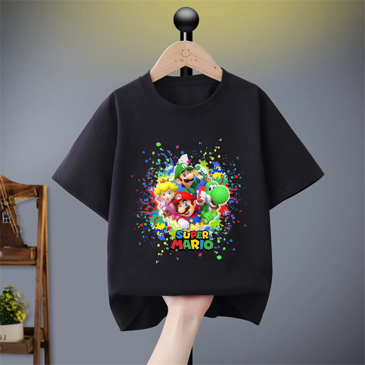 Camiseta de algodón de Super Mario Bros para niños, ropa de dibujos animados, figura de juego de moda, ropa blanca y negra, Tops, camiseta de verano