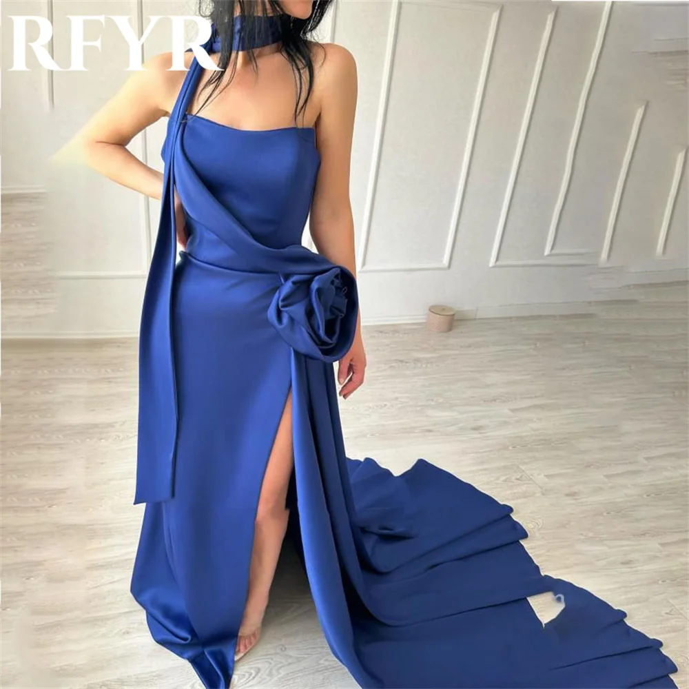 RFYR Blue Elegant Strapless Women Evening Dress Simple Sleeveless with Pleats Splits Trumpet Prom Formal Gowns Dress Customized