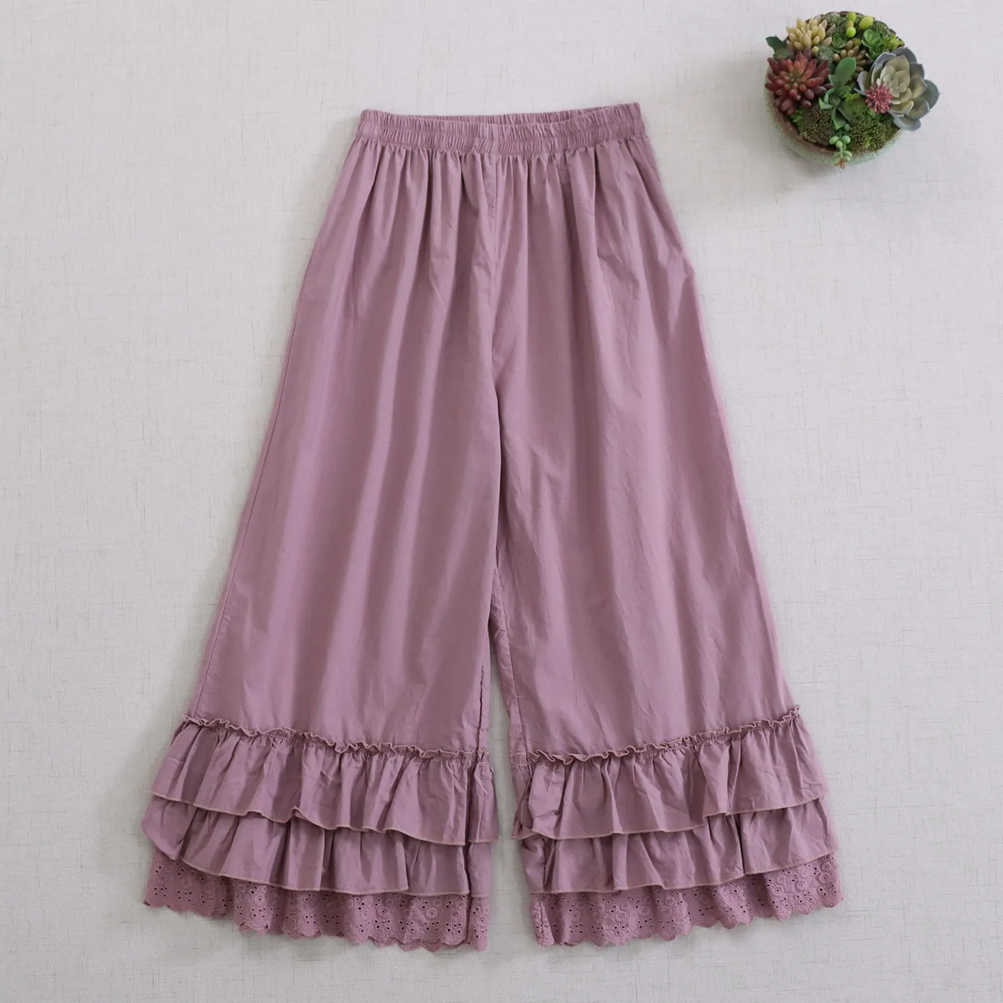 Japanese Sweet Mori Girl Solid Color Multi Layer Ruffles Cotton Wide Leg Pants Women Summer Elastic Waist Casual Loose Pants