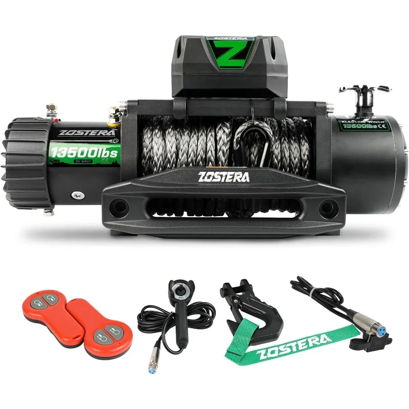 

13500LBS 12V Electric Winch with Synthetic Rope, with 2 Wireless Remotes and Wired Manual Switch, IP67 Waterproof,with Wired