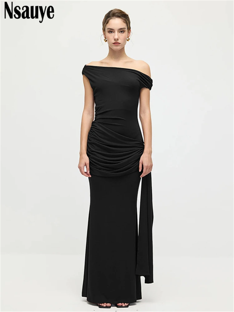 Nsauye エレガントな女性用ワンショルダーセクシーレースアップロングボディコンファッションドレス2025アウトフィットブラックナイトクラブパーティーイブニングドレス