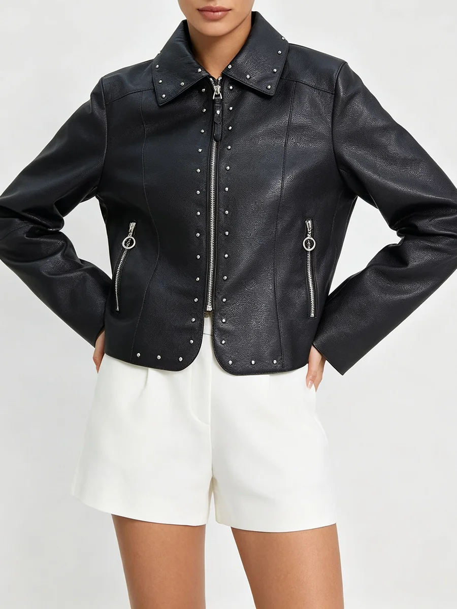 TWOTWINSTYLE Street Studded Faux Leather Jacket for Women Lapel Collar Zip Up Long Sleeve Outerwear for Spring Autumn Daily Wear