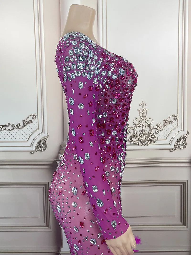 فستان ريش الماس الأرجواني للربيع/الصيف موضة أنيقة ريشة زائدة حورية البحر الكرة فستان سهرة Luxo Elegante Festa Longa