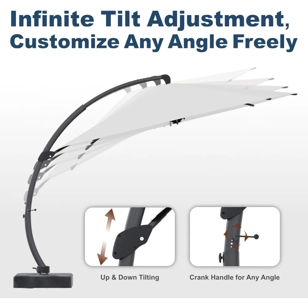 مظلة ناتئ بطول 11 قدم مع قاعدة كبيرة متعرجة ومظلة من الألومنيوم للاستخدام الخارجي مع 360 درجة °   دوران، مظلة مقاومة للأشعة فوق البنفسجية للفناء،