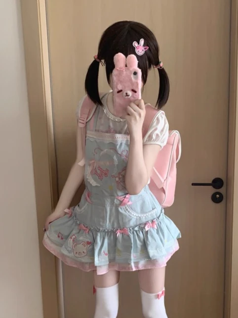 

Bear Party Removable Short Strap Skirt Sets Summer Japanese Kawaii Girl Cartoon Printed Short Sleeve Embroidery Bow Mini Skirt
