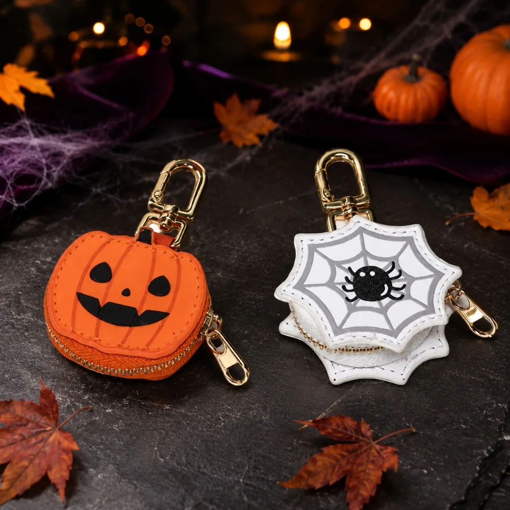 Halloween Pumpkin and Spiderweb Coin Purse Keychains, Mini Zipper Pouch Bag Charms with Gold Clips for Keys and Backpacks