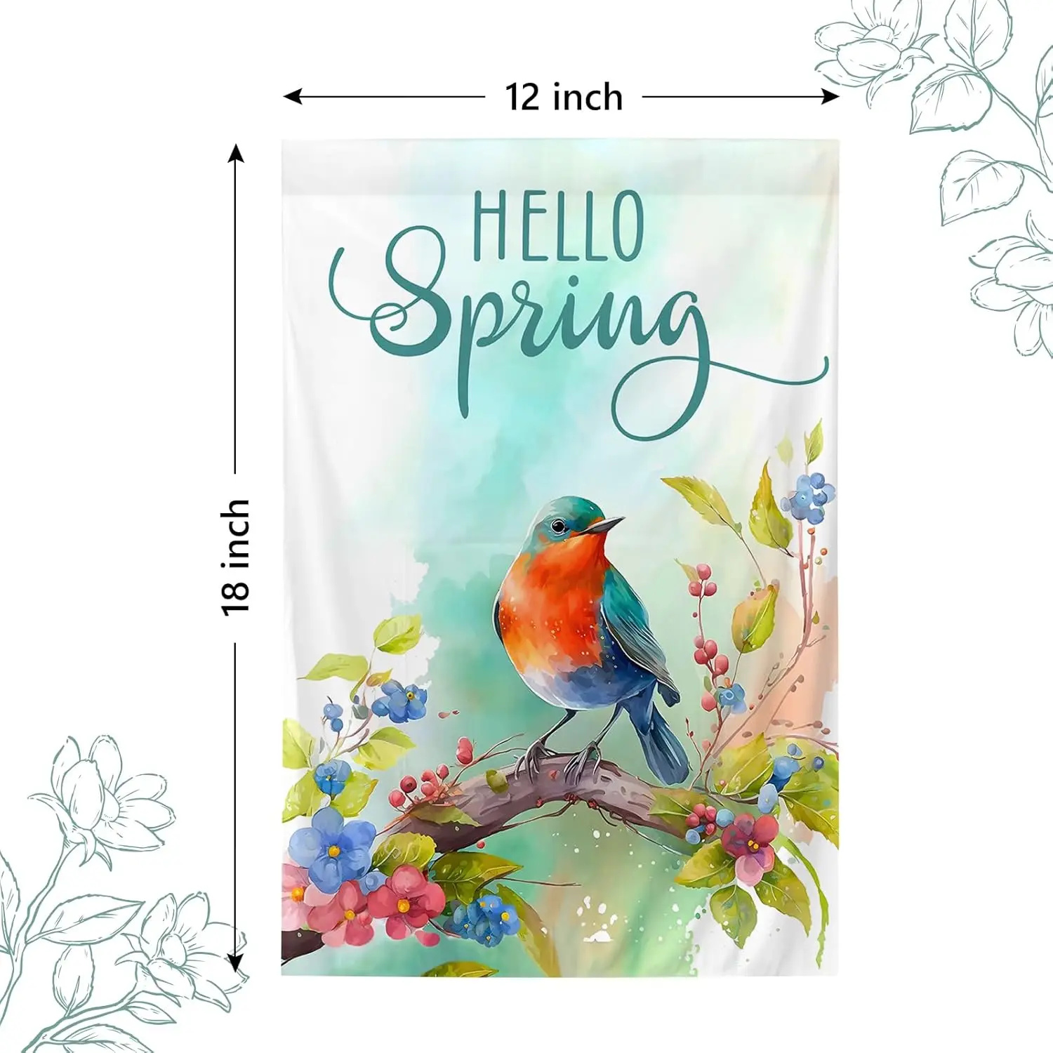 Generic Hello Spring Garden Flag 12 x 18 Inch Spring Bird and Flower Double Sided Polyester Flag for Spring Garden Yard Hous SSL