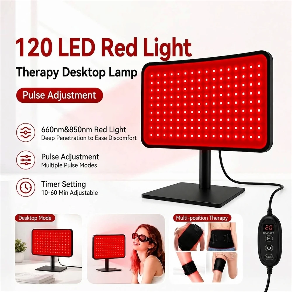 120 LEDs Desktop Red Light Therapy Panel 660nm 850nm Infrared Detachable Wearable Pad 21W 40Hz Pulse Skin Care Beauty Lamp