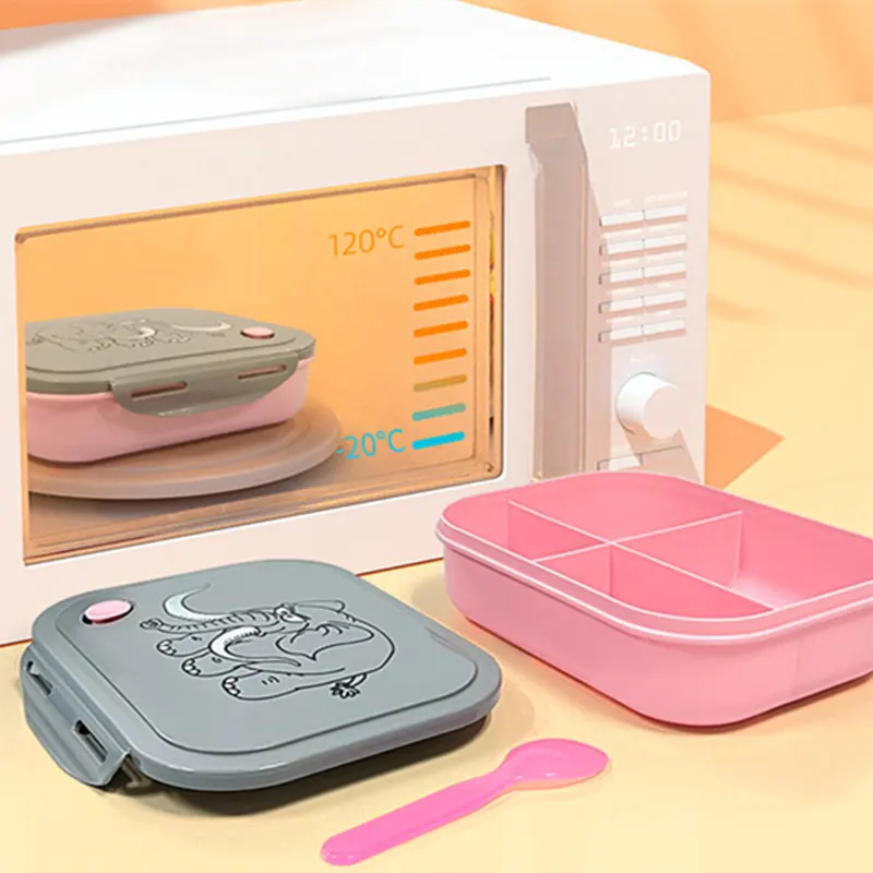 

Cartoon Elephant Pattern Kids Lunch Box With Water Bottle Sets Food Grade PP Bento Box With 4 Compartment Microwave Oven Safe