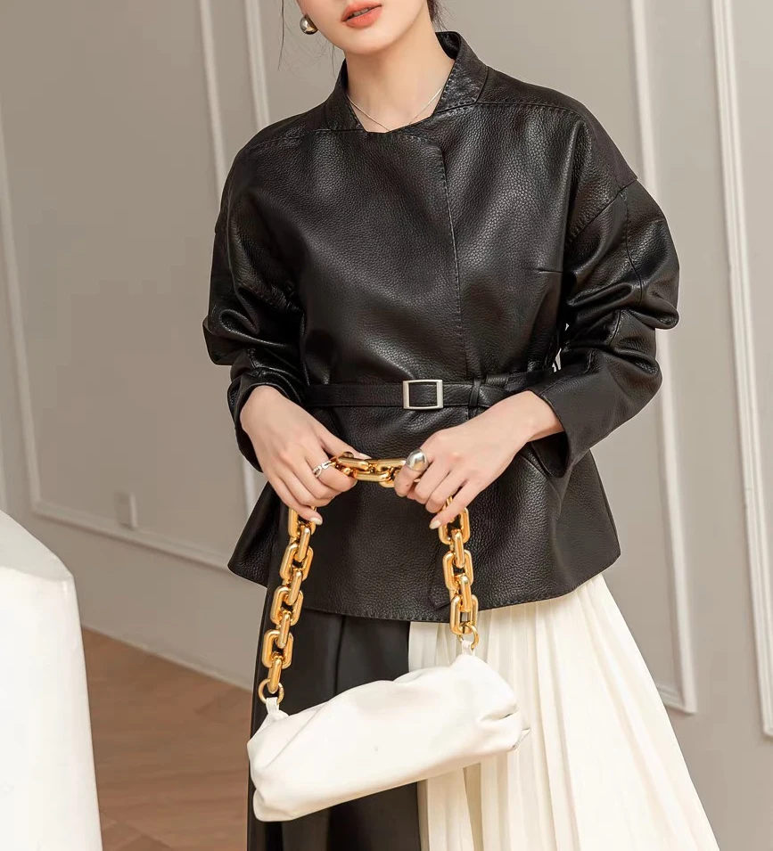 Ropa de primavera 2025 para mujer, abrigo elegante de cuero genuino para mujer, chaquetas con cinturón y cuello en V, ropa de calle negra para oficina para mujer