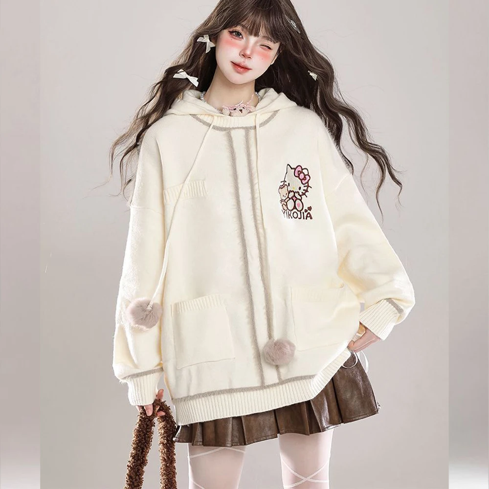Bluza z kapturem Hello Kitty, sweter, bluza dresowa, Sanrio, damska, kawaii, anime, jesień, zima, haft, słodka, luźna góra