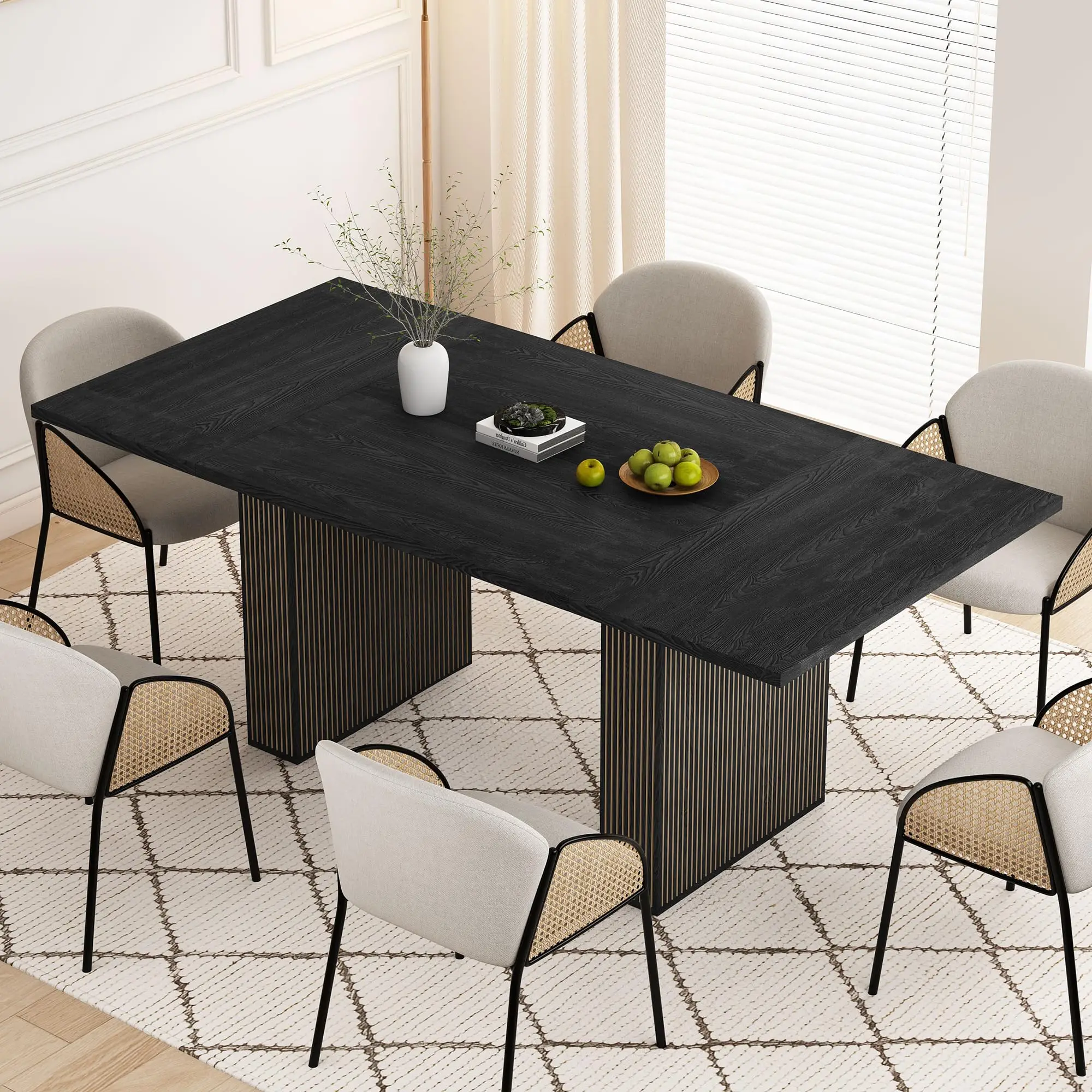 78 Inch Rectangular Dining Table for 6 to 10, Farmhouse Fluted Dining Kitchen Table, Modern Wood Long Dining Table for
