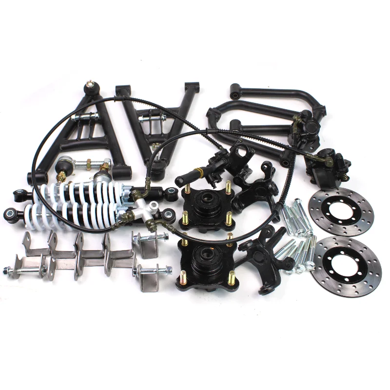 The front suspension features a 350mm impact swing arm with an upper and lower steering knuckle main shaft,