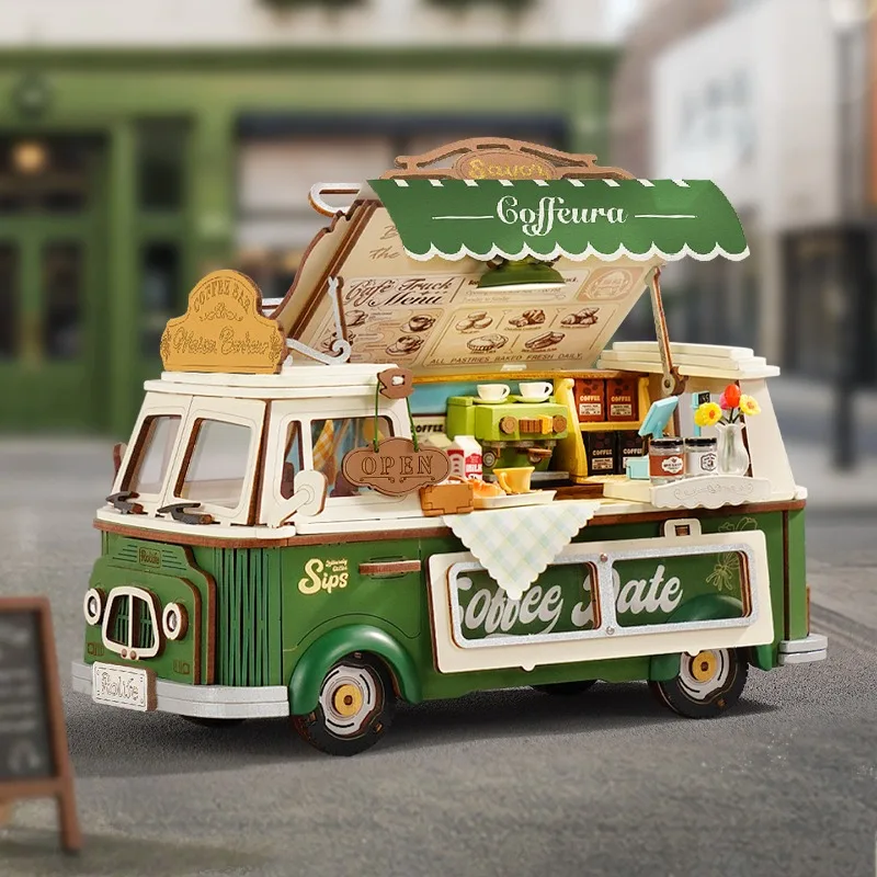 Original Robotime Leo Coffee Truck / Beverly Ice Cream Truck DIY Assembly Model Figure Desktop Ornament Collectible Holiday Gift