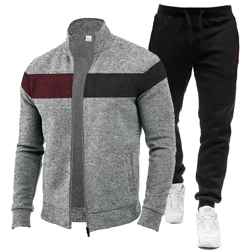 

New Fall/winter Men's Set Fleece Lined With Cationic Jacquard Patchwork Jacket + Sweatpants 2-piece Street Casual Men's Clothing