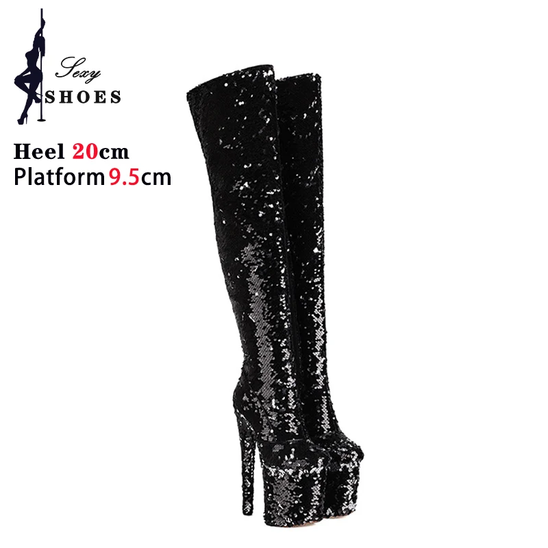 Fetish Long Boots Women Platform Over The Knee Boots  Bling Shiny Sequined Stripper Shoes 8 Inch Extreme High Heels Botas Mujer