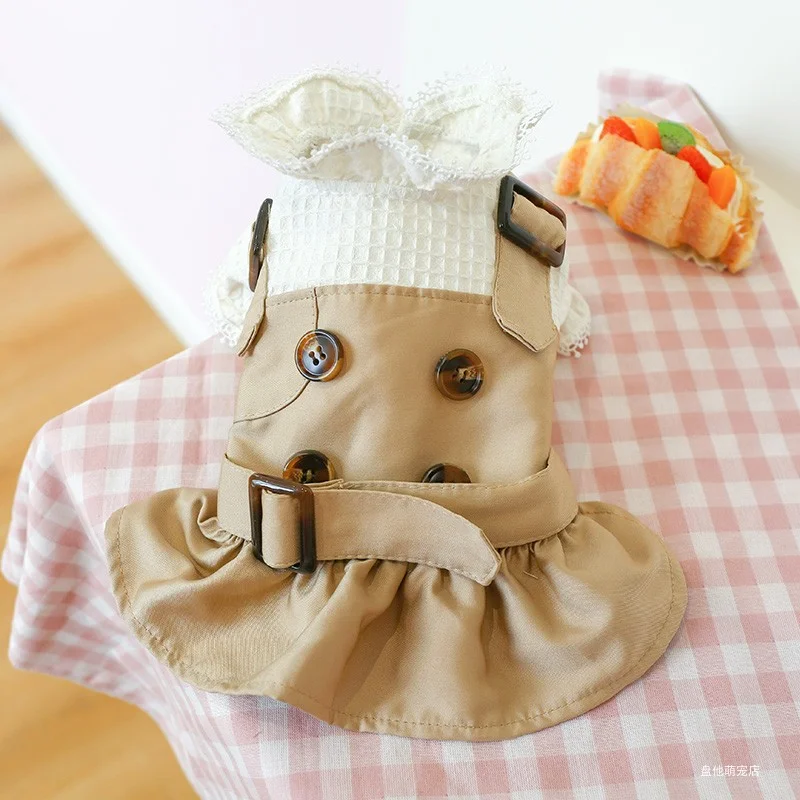 1PC Pet Clothing Dog Cat Spring and Autumn Khaki Button Skirt Suitable for Small and Medium sized Dogs