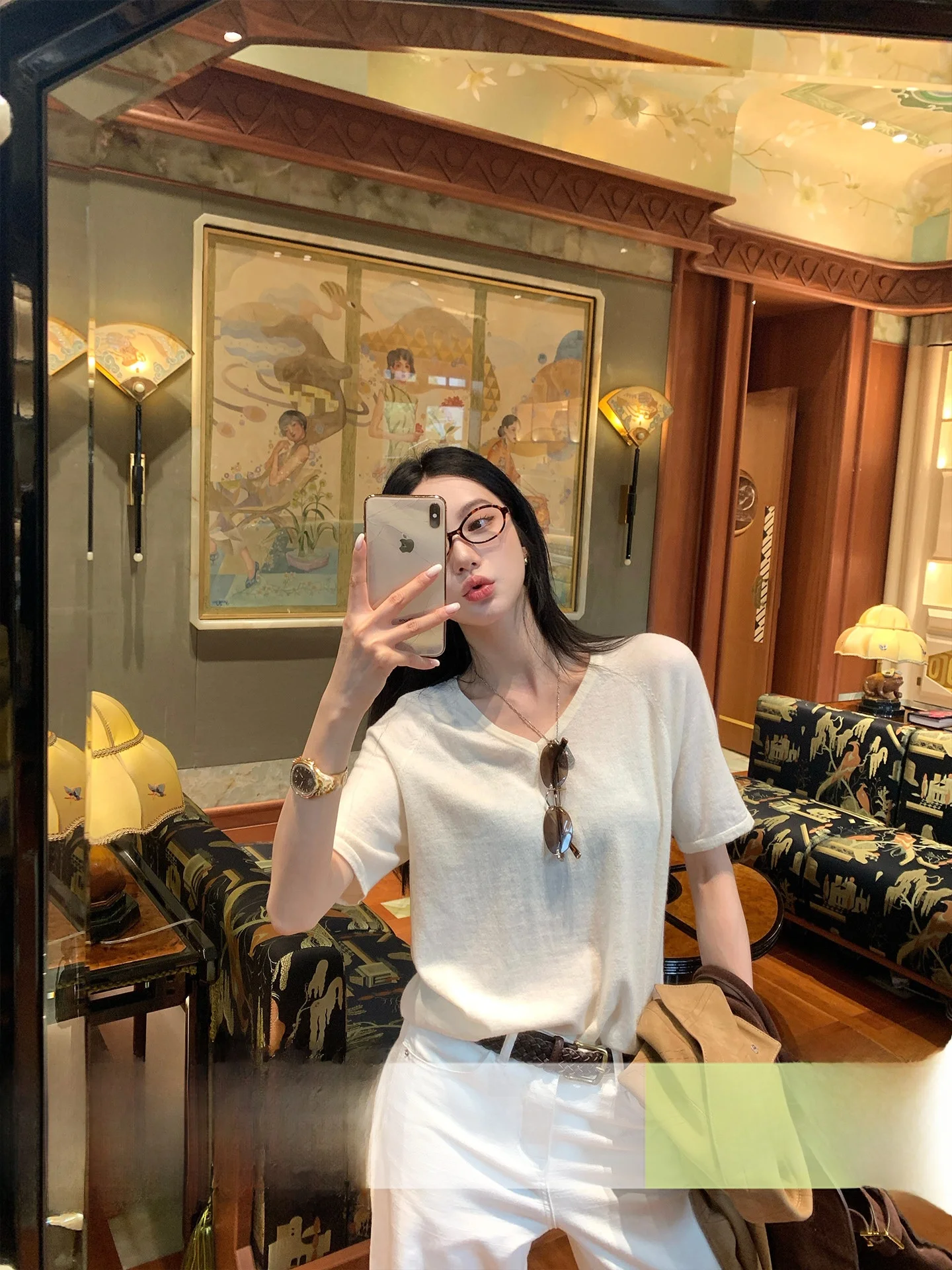 

Вязаный свитер Ouyang Soft Cloud Skin с V-образным вырезом, из высококачественной австралийской шерсти, для повседневной носки и поездок на работу