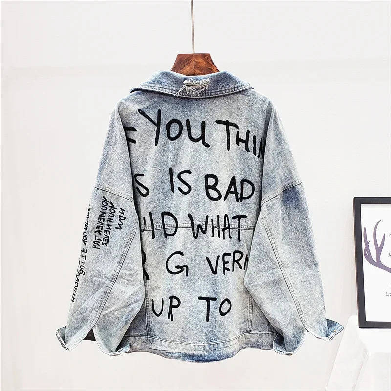 Spring Women Fashion Letter Embroidery Loose Holes Denim Jacket Coat Jaqueta Feminina Autumn Korean Casual Jeans Jacket Female