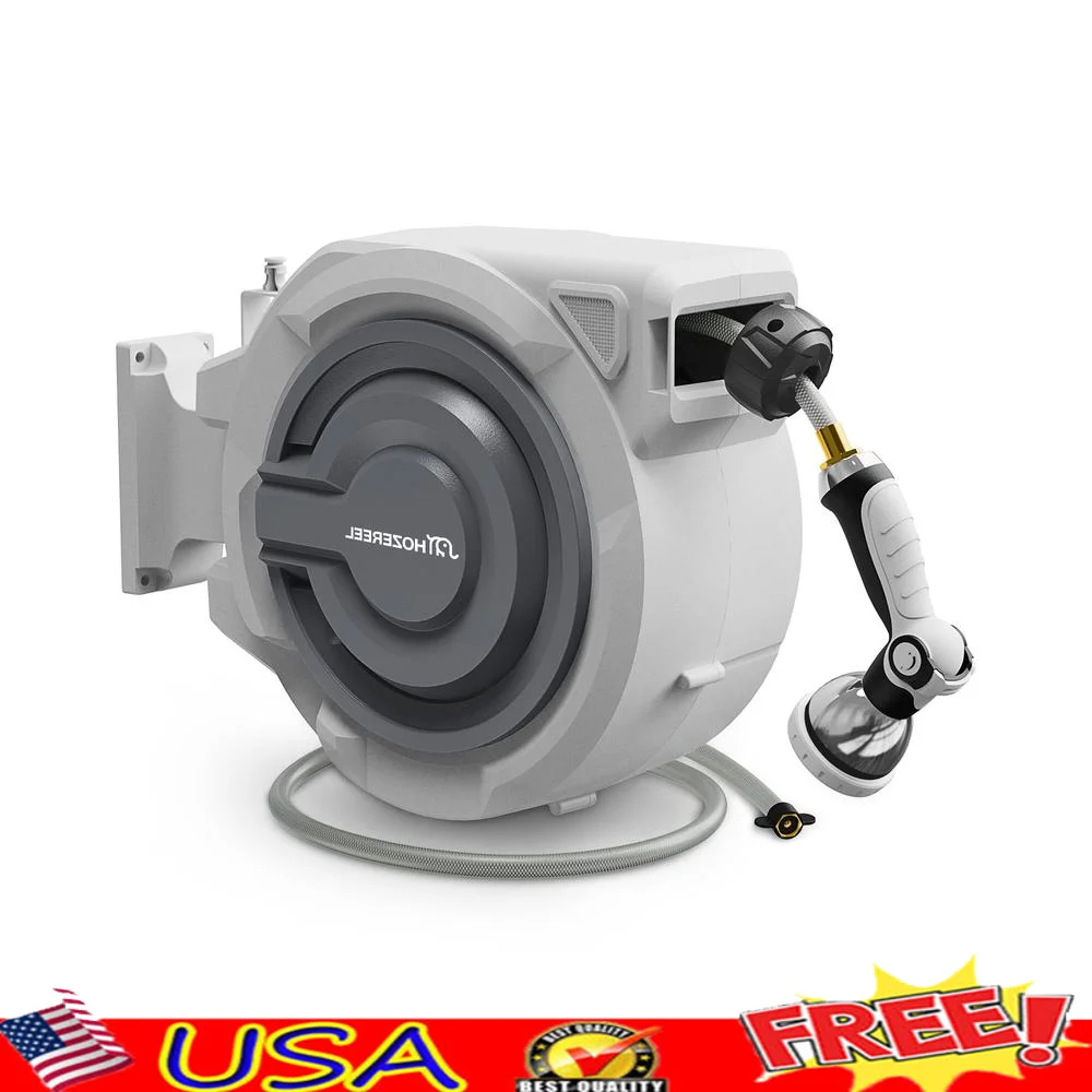 110FT Wall Mount Retractable Garden Hose Reel Automatic Self Rewind System Outdoor Enclosed Hose Reel by Garden Hose Reels