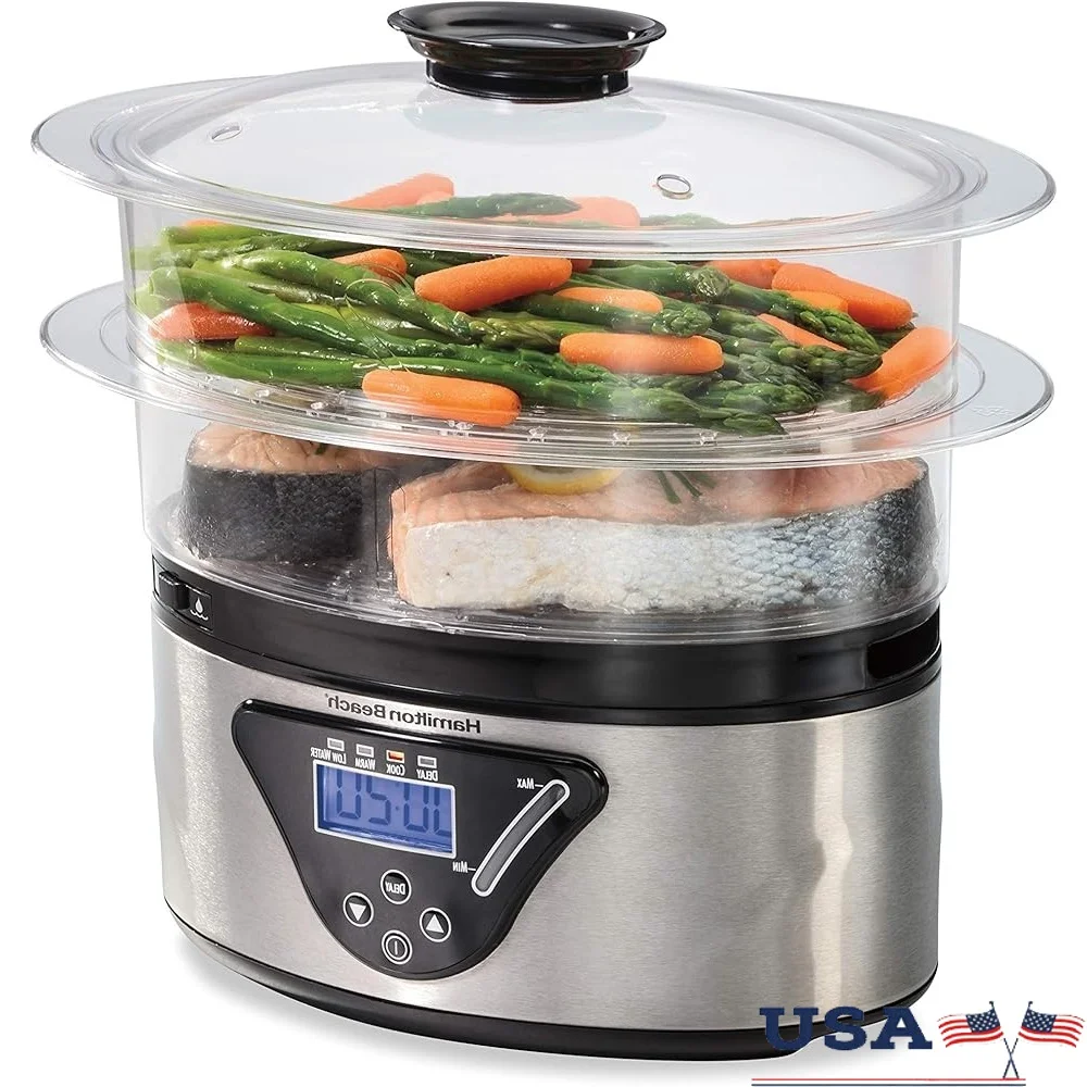 

Digital Food Steamer Rice Cooker 2-Tier Stackable Bowls Automatic Warm Delay Start Healthy Cooking Seafood Vegetables Eggs Meal
