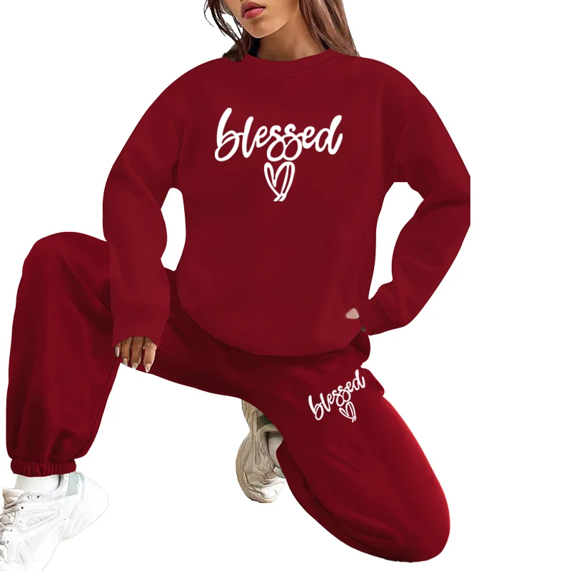 

Stylish sports ladies love and monogram print two-piece set, crewneck long-sleeved sweatshirt and jogger clothing, women's class