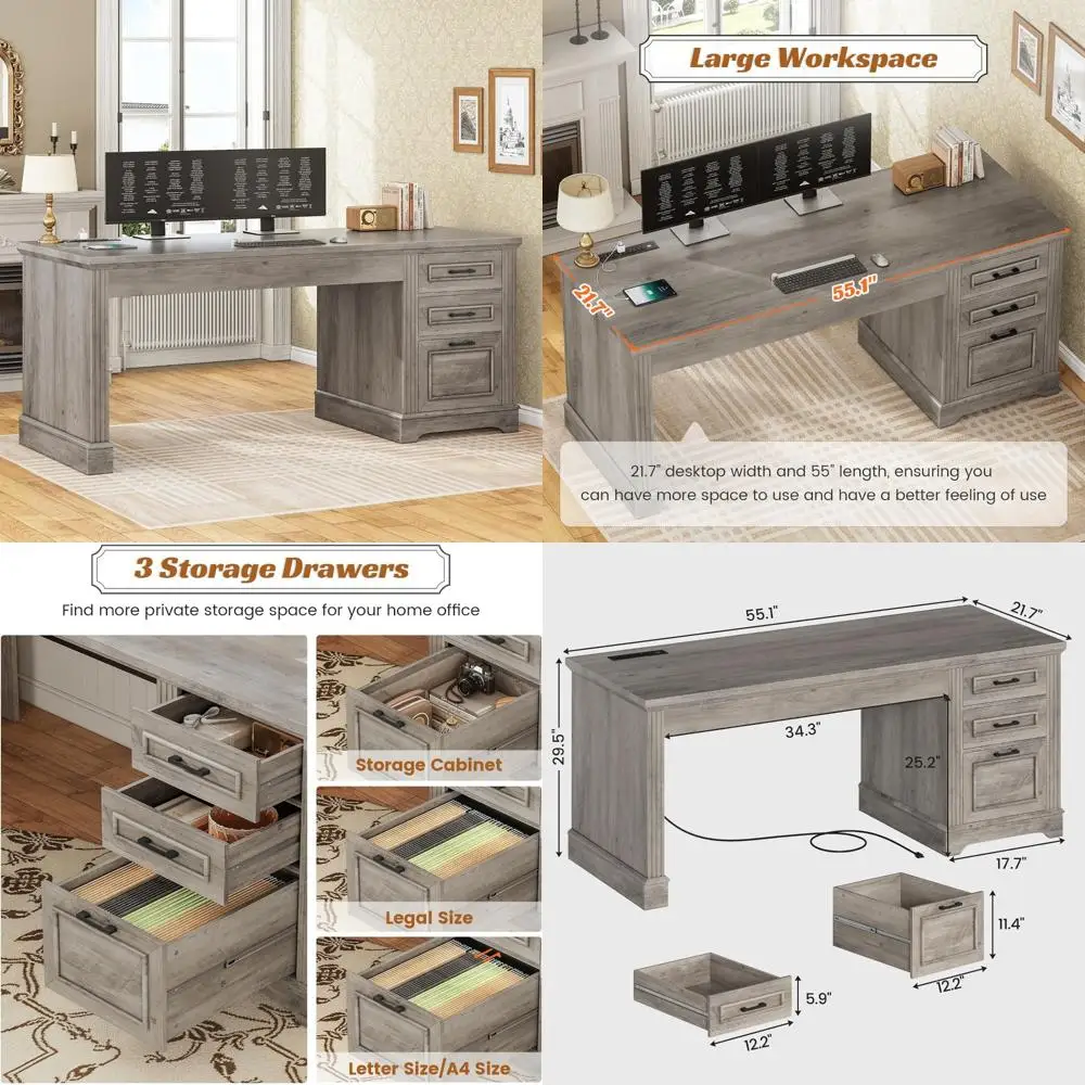 

Стол для руководителей в стиле фермерского дома 55 с 3 ящиками для хранения и встроенной розеткой для домашних офисов