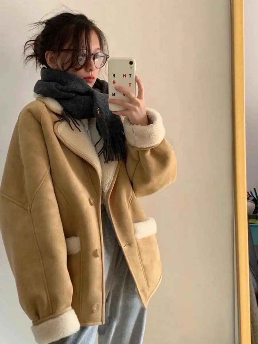 

Dongda Gate LE Casual Loose Suede Jaet 2025 Spring Lamb Fur Inteated Thiened Coat Long Sve Commute Sle