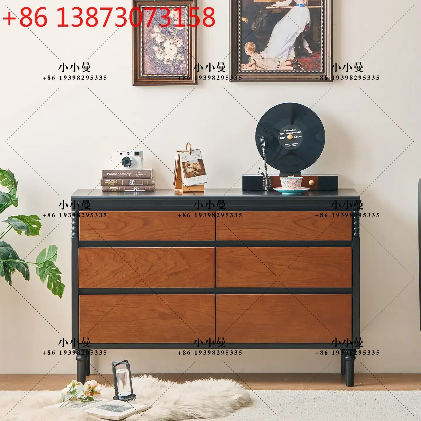 Medieval black frame retro cherry wood bedroom bedside large capacity storage locker