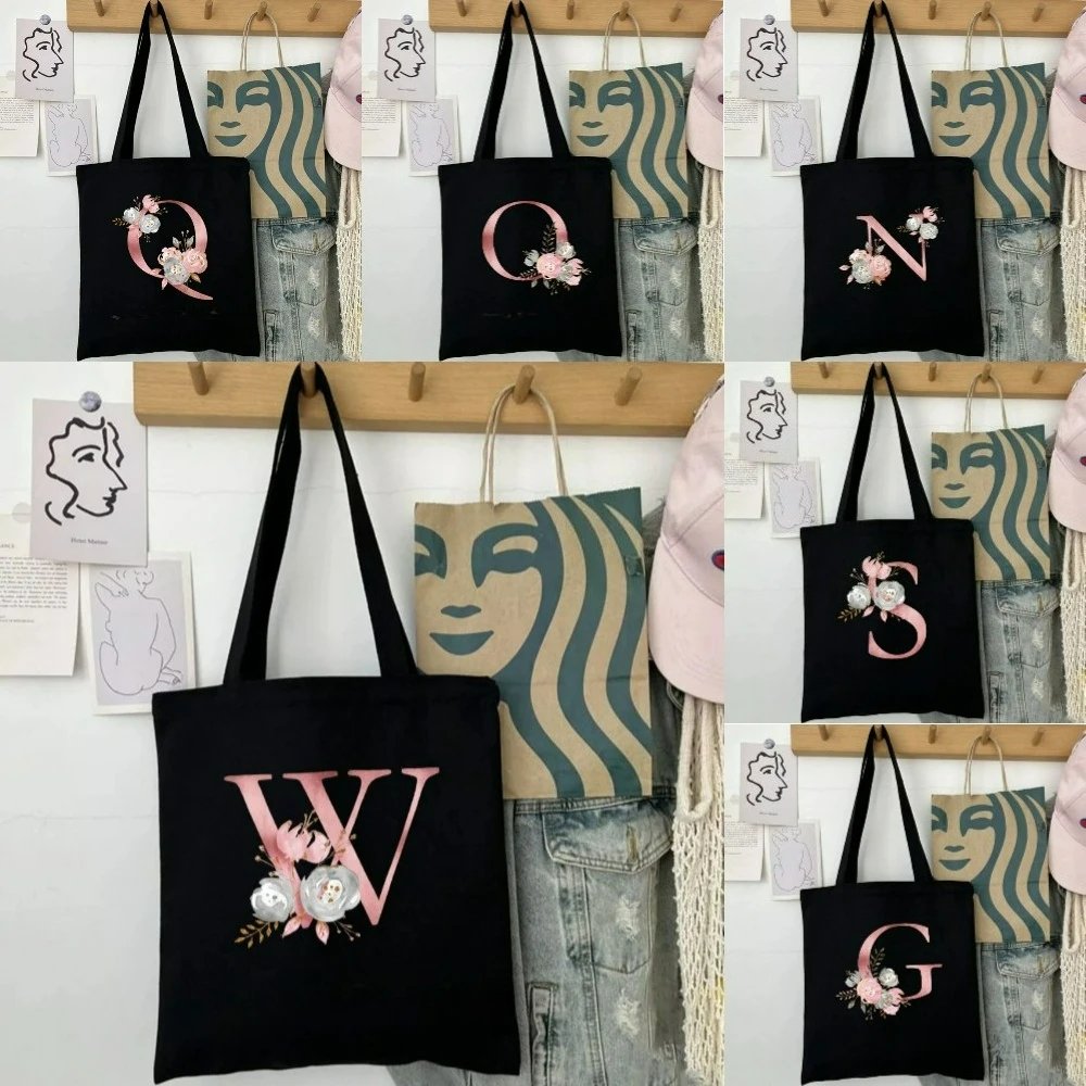 

Monogram Floral Canvas Tote Bag,A-Z Initial Flower Print Shoulder Bag,Reusable Handbag Bridesmaid Gift,Travel & Beach Essentials