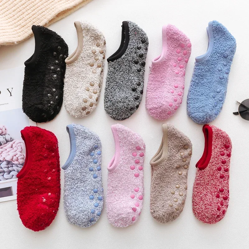 1/3Pairs Thickened Plush Socks Women Winter Warm Coral Fleece Sox Sleeping Slippers Silicone Non-slipInvisible Short Boat Socks