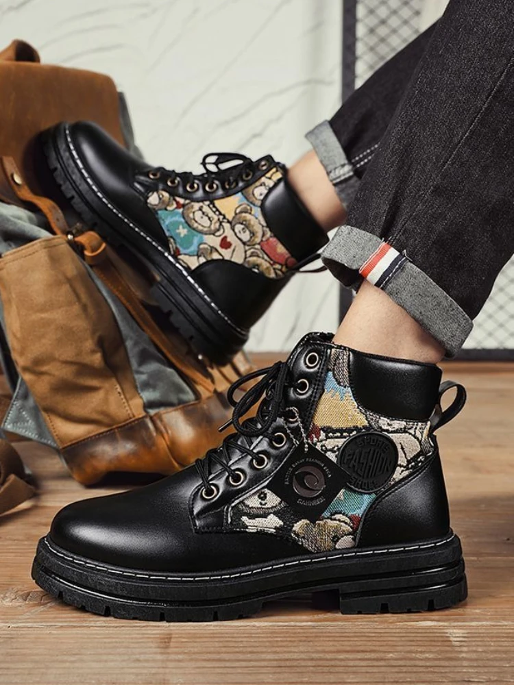 British Style 2025 New Youth High Top Printed Patchwork Workwear Leather Boots Men's Spring Autumn Outdoor Casual Shoes