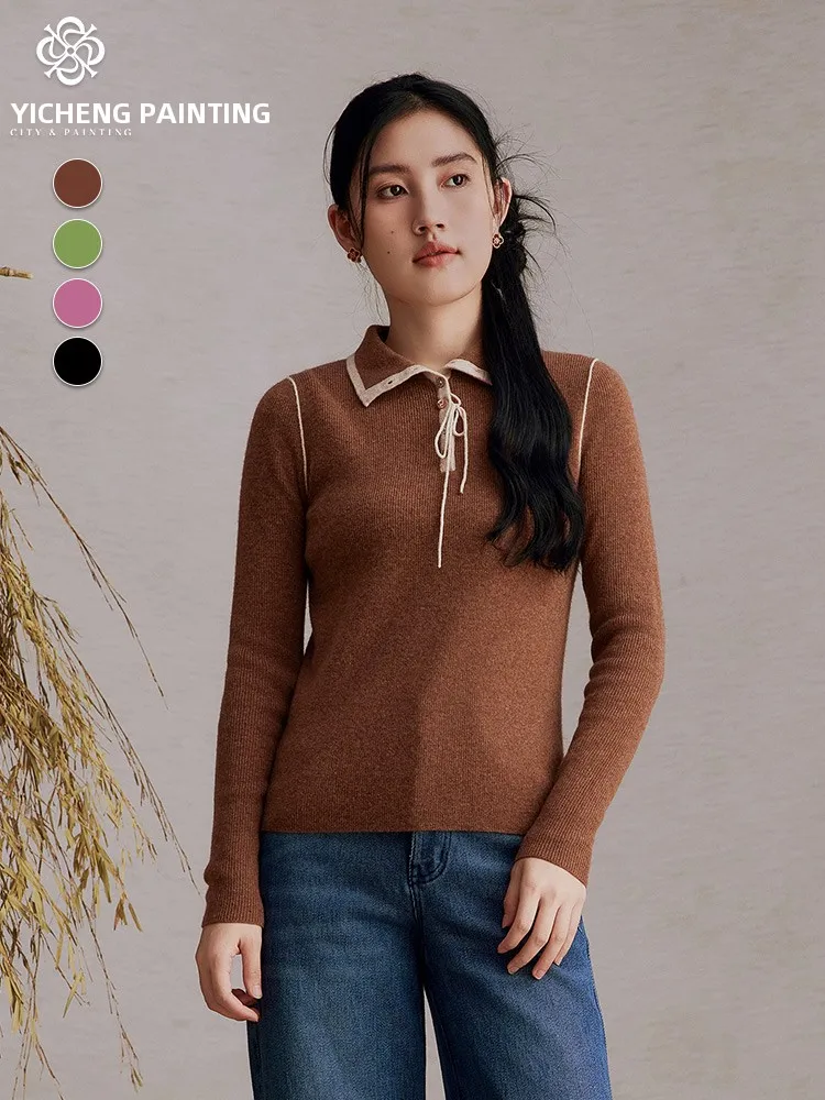 

Retro Style Neck Short Sweater Women's Slim Fit Casual Versatile Turn-Down Collar Knitted Top Quality Wool Blend