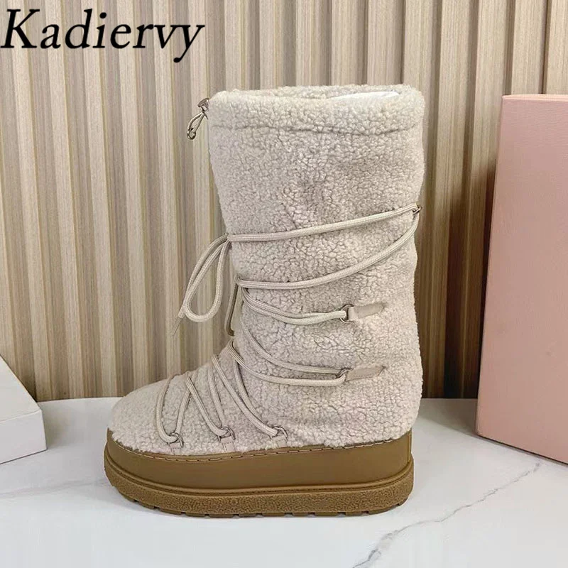 New Snow Boots Woman Thick Sole Winter Shoes Women Round Toe Lace Up Short Plush Warm Short Boots Pleated Flat Long Boots Women