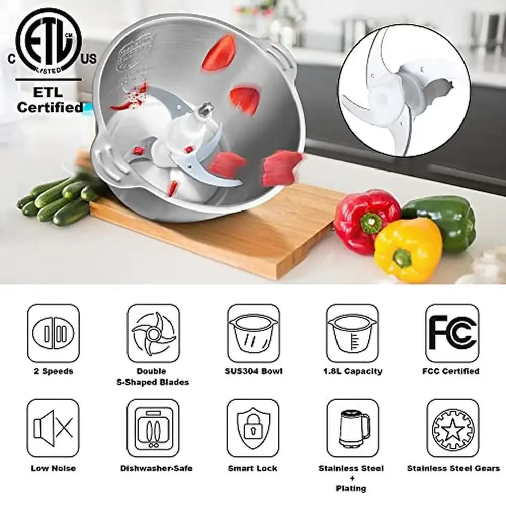 Electric Meat Grinder Chopper Food Processor with Stainless Steel Blades 8-Cup Capacity Safe Handle 300W Motor Puree Ideal Xmas