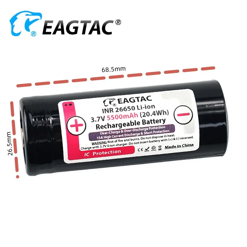EAGTAC 26650 5500mAh 3.7V Protected Li-ion Battery (15A anode protection) Button Top 26650 Battery