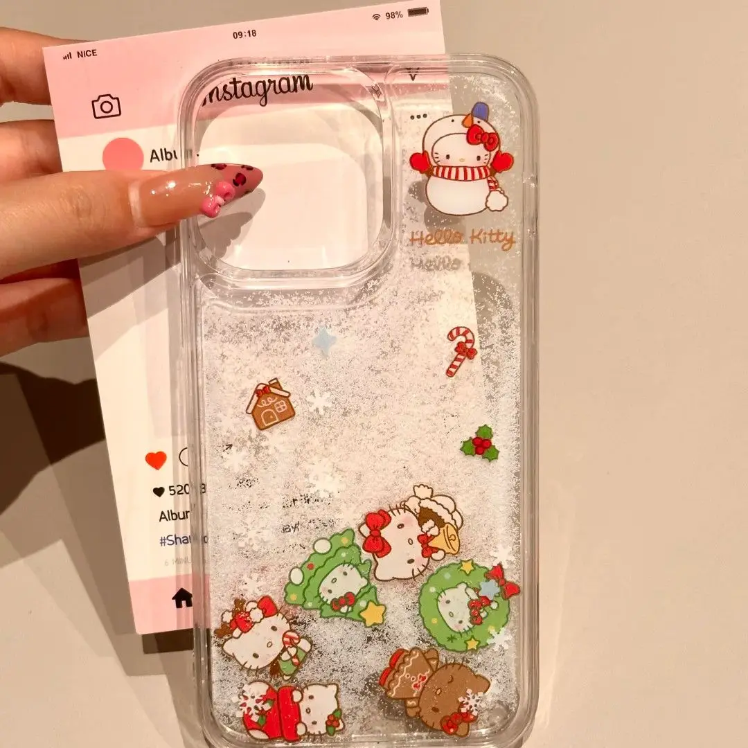 

Anime Sanrio Christmas Hello Kitty Party Glitter Phone Case for IPhone 16 Pro 17 12 11 Cute Quicksand Protective Cover Cartoon
