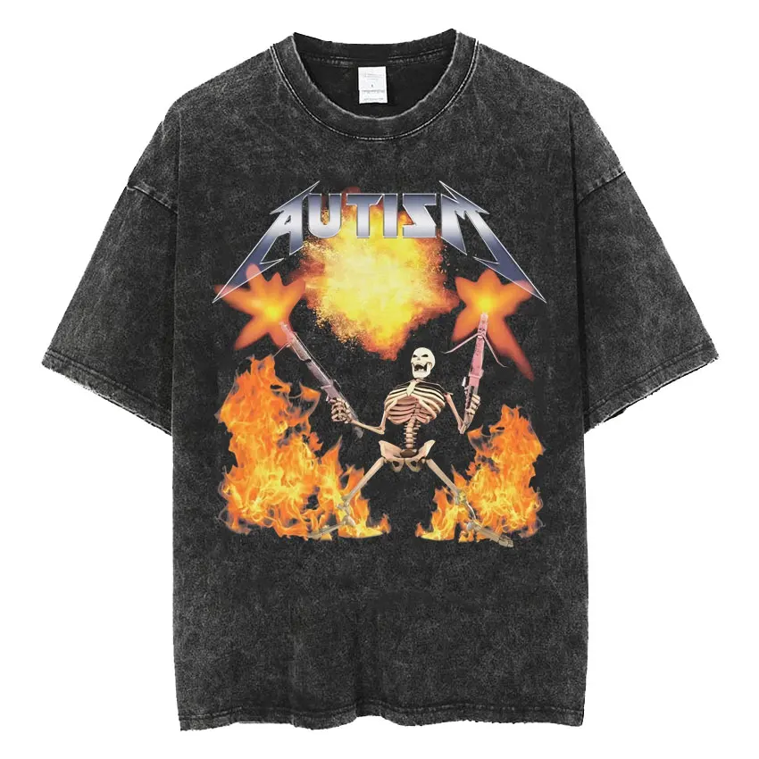 Mens Clothes Tee Shirt Homme T-Shirts Men Autism Skeleton Meme  Human Funny Skull Washed Short Sleeved Round Neck Y2k Tshirt