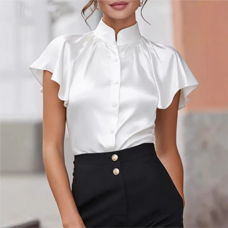 

Fashion Satin Blouse Shirt Ruffles Short Sleeve Button Solid Color High Collar Loose Shirts Tops for Women Work Summer 2026