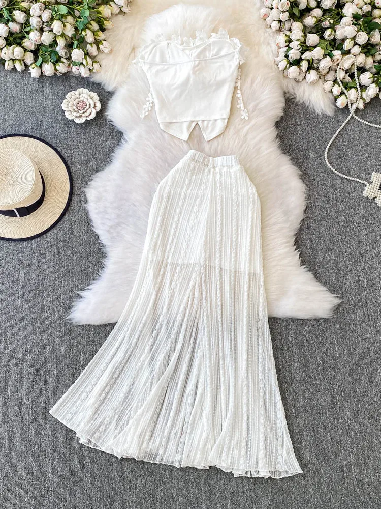 

American Sle Spicy Girl Sweet 3D Flower Slim ort Strapl Top High Waist Slimming Lace f-length Skirt Two-piece Set